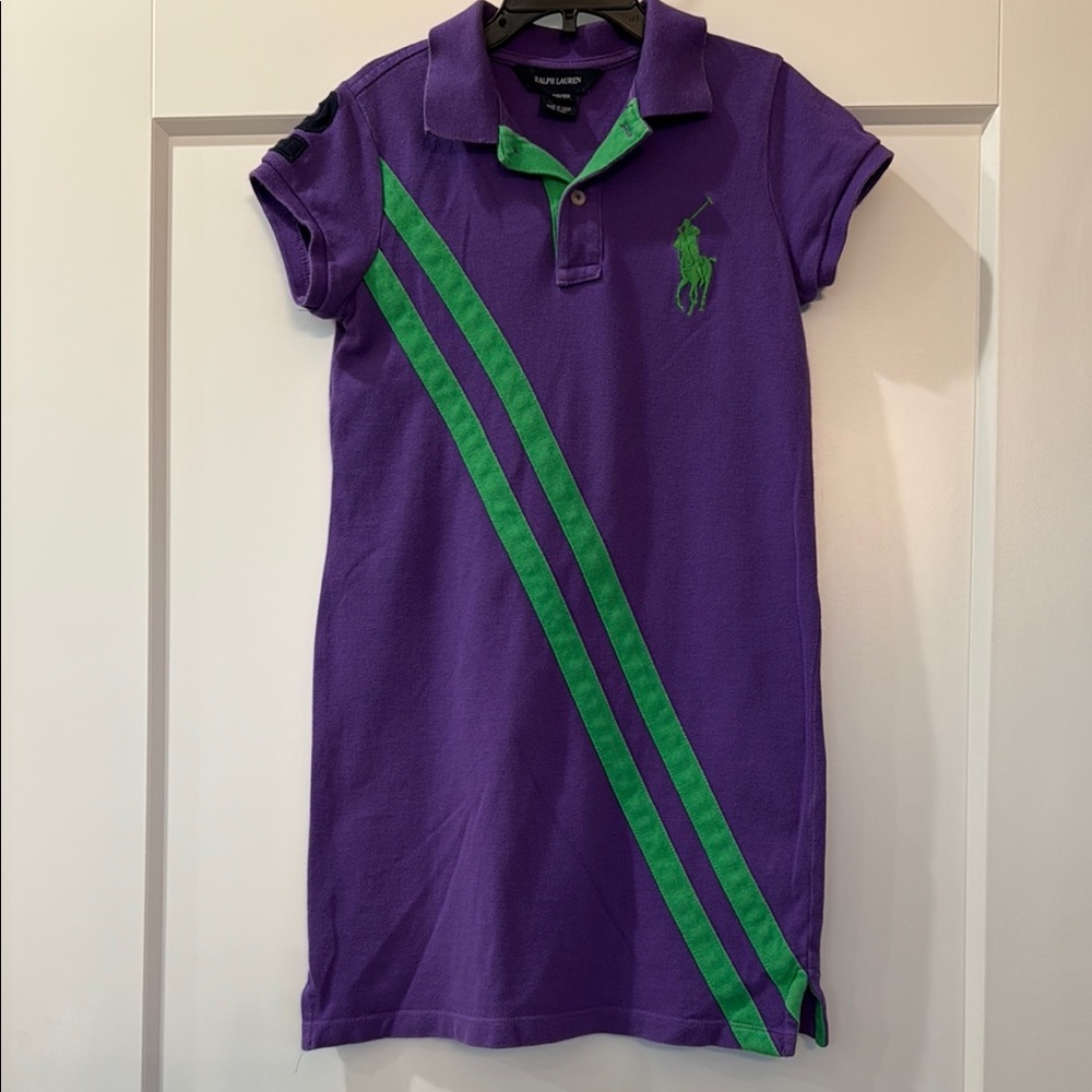 Ralph Lauren Purple Polo Dress with Green Accents, Girls M (8/10), EUC